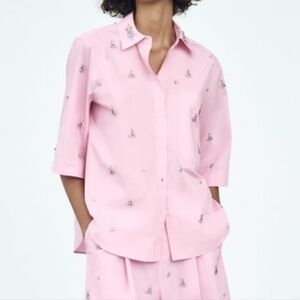 NWT Zara Soft Pink Rhinestone Button Up Collar Poplin Shirt XS